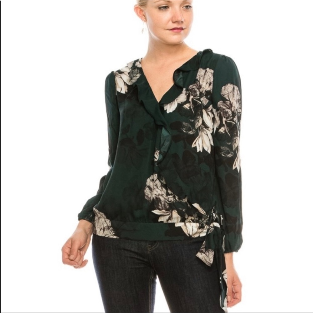 Zac & Rachel Hunter Green Floral Ruffle Faux Wrap Blouse, Women’s Small